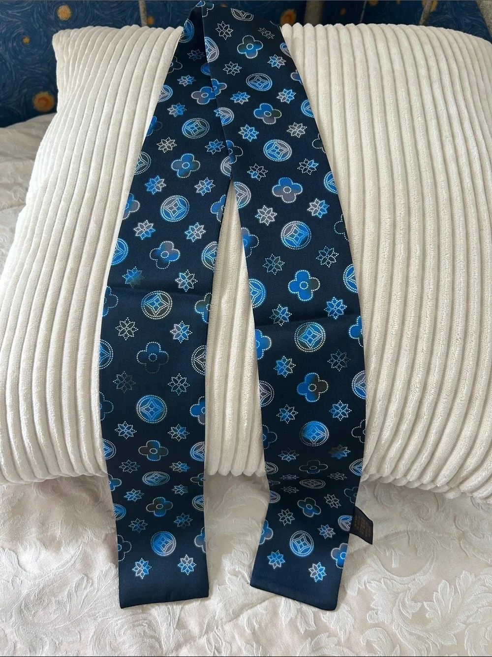 Silk Feeling Polyester Floral Motif Scarf or Twillyin Navy and Blue